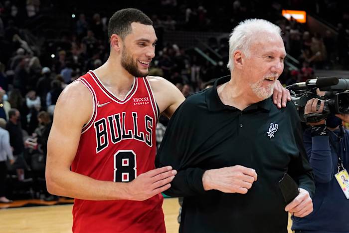 Zach LaVine greets Gregg Popovich after a game last season. The pair won a Gold Metal in the Tokyo Olympics.
